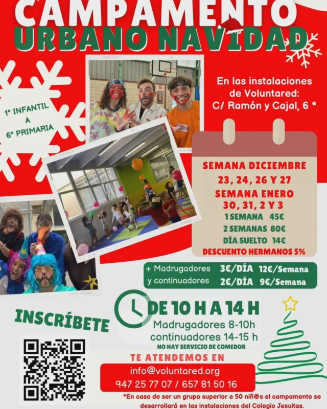 ¡Vuelven los campamentos urbanos de Voluntared por Navidad! 🎄🎅🖌🧸🏘

No queríamos cerrar el mes de noviembre sin compartir con vosotros que, como segunda Navidad consecutiva, apostamos por seguir celebrando esta época de la forma en que mejor sabemos hacerlo, a través del ocio y tiempo libre.

Nos hace especial ilusión porque estamos en un momento en el que se necesita repartir más magia que nunca. 💫💫🧝‍♀️🧝‍♂️

Que sepais que ya está todo programado. ¡Os van a encantar todas las actividades! Tendremos gymkanas, juegos navideños, talleres creativos y mucho más. ¡No os lo podéis perder!

Apuntaos rápido, las plazas son limitadas. ¡Nos vemos estas Navidades para disfrutar juntos de un campamento lleno de diversión y sorpresas!
